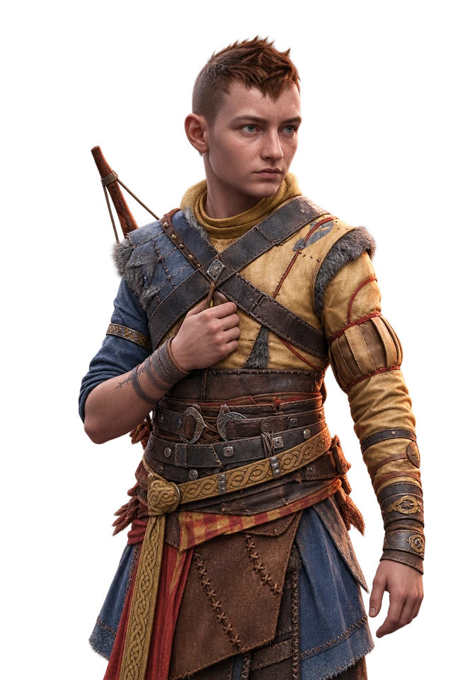 Atreus adolescente sem barba, segurando a alça da roupa e olhando para os objetivos à direita