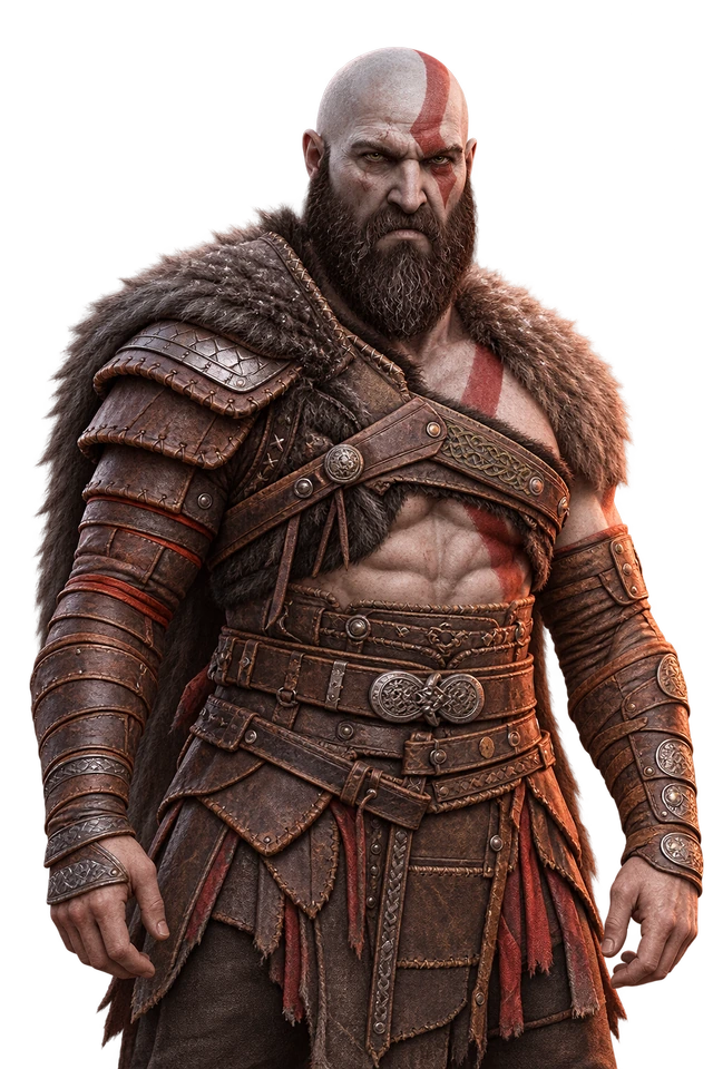 Kratos com barba cheia em uma pose natural, à direita dos componentes