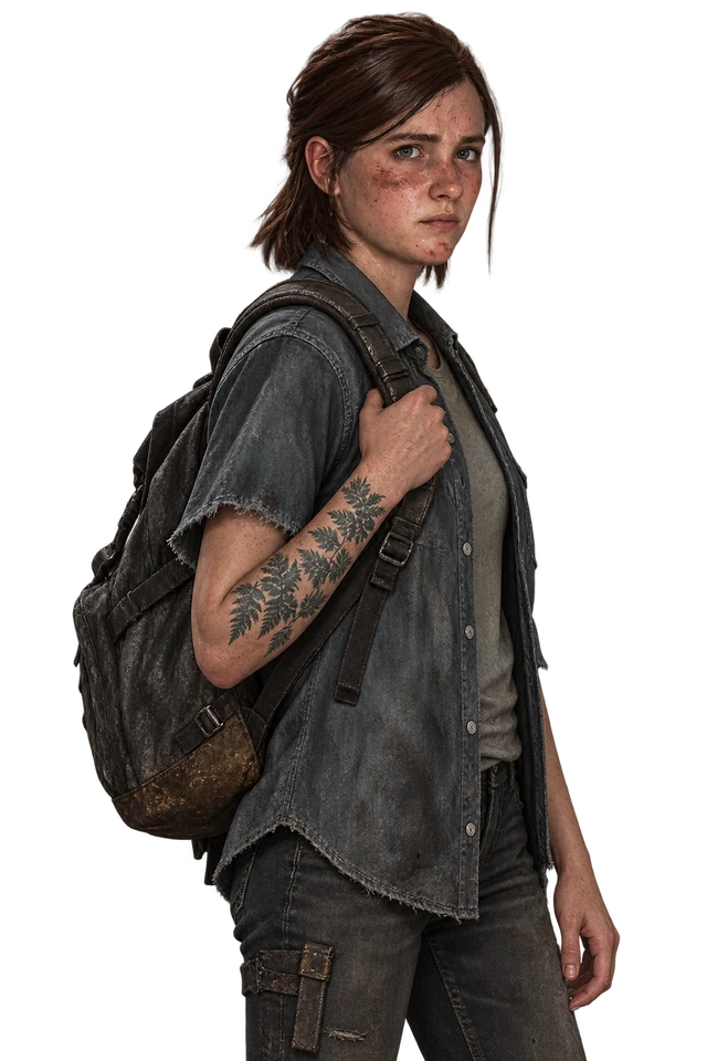 Ellie com a mão na alça da mochila, voltada para os sinais do sistema